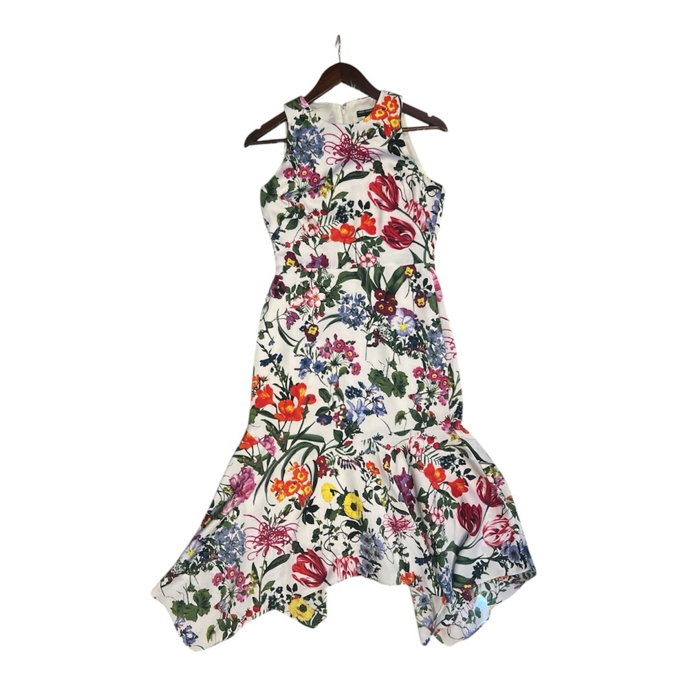 Maggy London Floral High Neck Midi Dress Asymmetric Hem Size 2